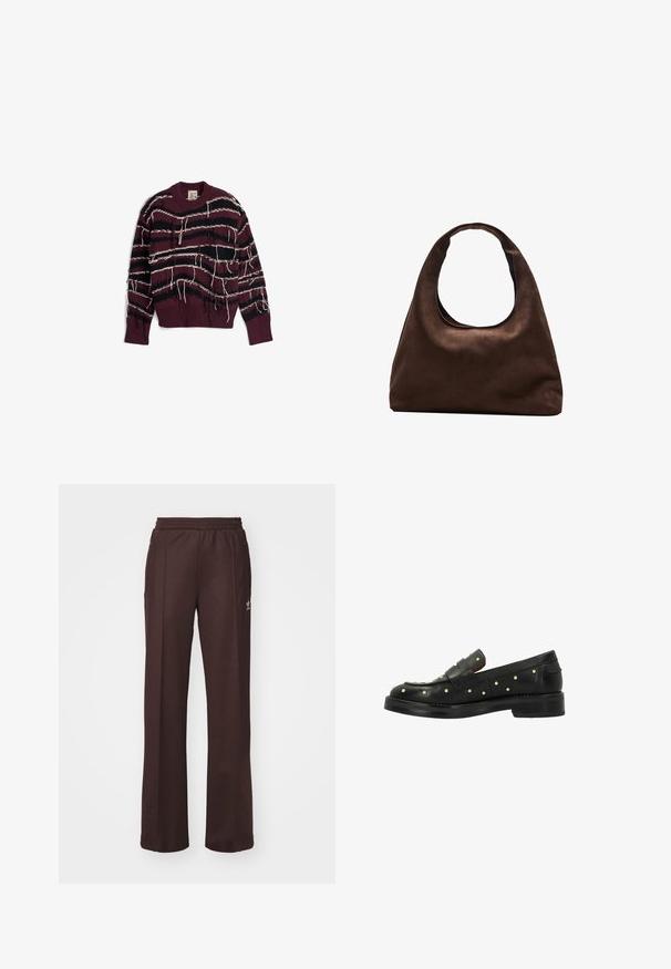 Bordeauxrot gestrickter Pullover mit schwarz-weißen horizontalen Streifen, ausgestattet mit ausgefransten Kanten sowie einem gerippten Kragen und Saum.; Braune Sporthose mit einem elastischen Bund, zwei Seitentaschen und einem kleinen Logo auf der linken Seite, gefertigt aus weichem Stoff.; Schwarze Lederloafers mit Nietenakzenten, mit einem niedrigen Absatz und einem gewebten Design im Obermaterial, glatter Textur und runder Zehenform.; Weiche braune Hobo-Stil Handtasche mit einem einzigen breiten Trageriemen und einer geschwungenen Oberteilöffnung, auf einem weißen Hintergrund präsentiert.