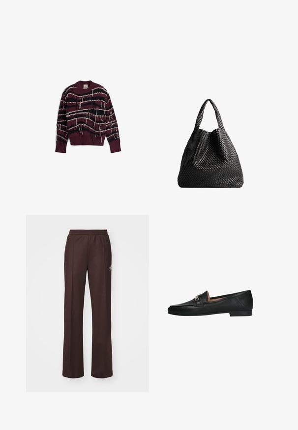 Bordeauxkleurige gebreide trui met zwart-witte horizontale strepen, met rafelige randen en een geribde halslijn en zoom.; Bruine sportieve broek met een elastische tailleband, twee zijzakken en een klein logo aan de linkerzijde, gemaakt van een zachte stof.; Manfield Instappers - schwarz; Zwarte geweven tote bag met twee handvatten. Zachte textuur, slungelige vorm en een grote, ronde vorm. Geen zichtbare hardware of accenten.