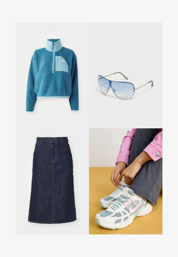 Blå fleece genser med delvis glidelås, høy krage og en foran lomme. Utsmykket med en lysere blåkant og teksturert stoff.; Hvit kortermet t-skjorte laget av bomull. Rund hals-design med en jevn tekstur og ingen synlige mønstre eller detaljer. Enkel stil.; Mørk denimskjørt med høy midje, rett snitt, frontlommer og sømmer. Har glidelås og knappeåpning i midjen.; Nike løpesko med overdel i hvit og lysegrå mesh, rosa detaljer og polstret såle. Brukt med grå bukser, sitter på en gul overflate.; Pilotbriller med gradient blå linse, sølvfarget metallramme og dekorative stjerneaksenter på linsen. Glatt og stilren design.