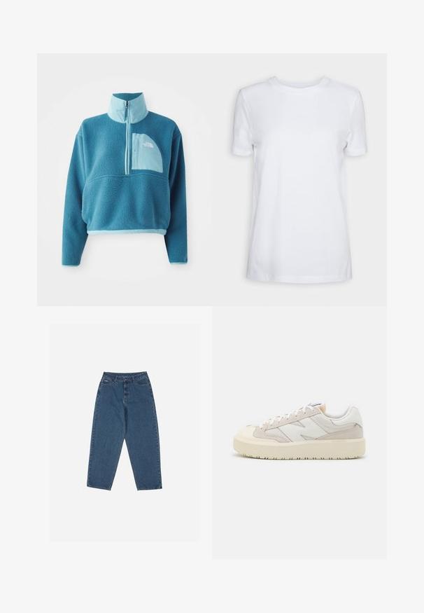 Zils fliša krekls ar daļēju rāvējslēdzēju, augstu apkakli un priekšējo kabatu. Akcentēts ar gaišāku zilu maliņu un auduma tekstūru.; Balts īsām piedurknēm T-krekls, izgatavots no kokvilnas. Vainaga kakla dizains ar gludu tekstūru un bez redzamām rakstām vai akcentiem. Pamata stils.; Zilā džinsu auduma bikses ar brīvu piegriezumu, augstu jostasvietu, piecu kabatu dizainu un šuvju akcentiem. Iekļauts pogu un rāvējslēdzēja aizdare.; Zemsneša bež un baltā krāsā ar sieta un zamšāda paneļiem, bieza krēmkrāsas zole un sānu logo detaļa.