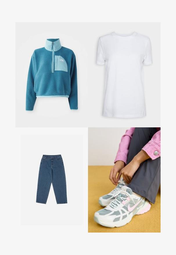 Blue fleece pullover with a partial zip, high collar, and a front pocket. Accented with a lighter blue trim and a fabric texture.; White short-sleeve t-shirt made of cotton. Crew neck design with a smooth texture and no visible patterns or accents. Basic style.; Blue denim jeans with a relaxed fit, high waist, five-pocket design, and stitching accents. Features a button and zipper closure.; Nike running shoes with a white and light gray mesh upper, pink accents, and a cushioned sole. Worn with gray pants, sitting on a yellow surface.