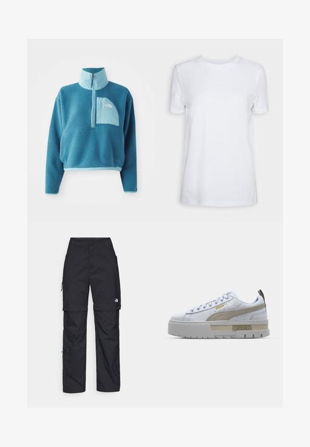 Blue fleece pullover with a partial zip, high collar, and a front pocket. Accented with a lighter blue trim and a fabric texture.; White short-sleeve t-shirt made of cotton. Crew neck design with a smooth texture and no visible patterns or accents. Basic style.; Black nylon zip-off cargo trousers with adjustable cuffs, multiple pockets, and a logo on the right leg. Smooth, lightweight texture.; White sneaker with prominent beige stripe, thick gray sole, and gold accents. Features round laces and a textured tongue tab with branding.