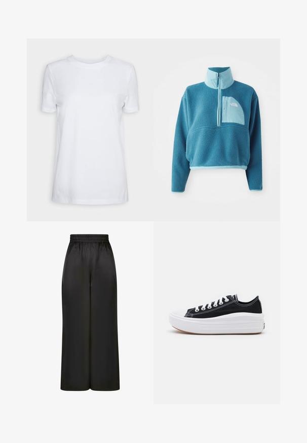 Niebieski polarowy półgolf z zamkiem błyskawicznym, wysokim kołnierzem i kieszenią z przodu. Akcentowany jaśniejszym niebieskim wykończeniem i teksturą materiału.; Biała koszulka z krótkim rękawem z bawełny. Klasyczny krój z gładką teksturą, bez widocznych wzorów czy akcentów. Styl podstawowy.; Czarne spodnie z szerokimi nogawkami, wykonane z gładkiego, błyszczącego materiału, z elastycznym pasem i bez widocznych kieszeni ani elementów metalowych.; Czarne płócienne tenisówki z białymi sznurowadłami, białą gumową czapeczką na palcach i masywną białą podeszwą. Mają subtelne białe przeszycia i gumową podeszwę.