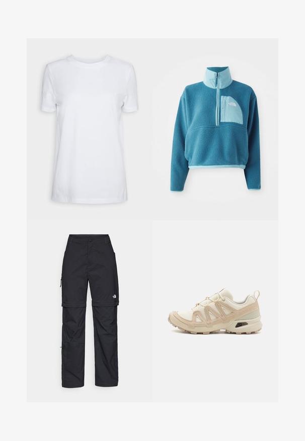 Sininen fleecetakki, jossa on osittainen vetoketju, korkea kaulus ja etutasku. Korostettu vaaleammalla sinisellä reunuksella ja kankaan tekstuurilla.; Valkoinen lyhytnähtärinen t-paita, joka on valmistettu puuvillasta. Pyöreä pääntie, sileä pinta ilman näkyviä kuvioita tai yksityiskohtia. Yksinkertainen tyyli.; Mustat nailonista valmistetut irrotettavat cargo-housut säädettävillä lahkeilla, useilla taskuilla ja logolla oikeassa jalassa. Liukas, kevyt rakenne.; Beige ja kreemi värvi sportlikud jalanõud, millel on tekstiilne mesh ülemine osa, toetavad ülekatted ja kummist tald, millel on mustripattern haardeks.