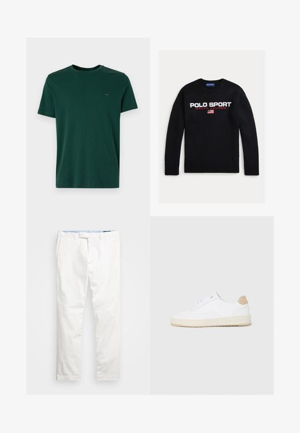 Suéter preto de malha com um decote redondo e punhos canelados. A parte da frente exibe "POLO SPORT" em branco e "RALPH LAUREN" em vermelho, com uma pequena bandeira americana.; T-shirt de algodão verde escuro com gola redonda, mangas curtas e um pequeno logótipo no peito. Textura suave, ajuste descontraído.; Chinos brancos de algodão com pernas retas, passantes para cinto, bolsos laterais e uma textura suave. O interior apresenta um forro azul claro.; Sapatilhas brancas de cano baixo com parte superior em couro texturizado, sola cream estriada e detalhe em tan no calcanhar. Apresenta atacadores brancos e detalhe do logótipo no calcanhar.