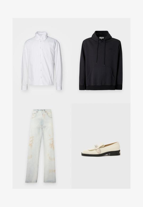 Juodas gobtuvas pagamintas iš minkštos medžiagos, su raišteliu reguliuojamu gobtuvu, priekinė kanga su kišenėmis ir audiniu apdirbtais rankogaliais bei apačia. Tekstūruotas logotipo akcentas krūtinėje.; Balta ilgomis rankovėmis mygtukinė marškiniai, pagaminti iš medvilnės. Turi klasikinį apykaklę, priekinį mygtukų uždarymą ir sukeltus rankogalius su lygiu paviršiumi.; Šviesiai mėlyni džinsai su aukštu liemeniu, plačiomis kojomis ir nedideliais išblukimais. Turi tradicinį penkių kišenių dizainą ir metalinius elementus.; Grietos odos loaferiai su apvaliu priekiu, puošti dekoratyvine juostele ir metaliniu akcentu, su mažu juodu kulnu. Visas paviršius lygus.