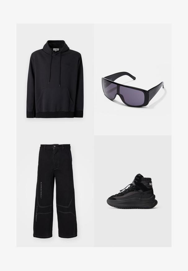 Czarna bluza z kapturem, wykonana z miękkiej tkaniny, z regulowanym kapturem, przednią kieszenią typu kangur oraz ściągaczami na mankietach i u dołu. Teksturowany detal logo na klatce piersiowej.; Czarne dżinsowe spodnie o szerokich nogawkach, z kontrastowymi, białymi przeszyciami i geometrycznymi detalami. Zapięcie na guzik z kieszeniami z przodu.; Czarne sneakersy za kostkę z grubą podeszwą, sznurowanym przodem, wyściełanym kołnierzem kostki i teksturowanymi panelami bocznymi na jednolitym jasnym tle.; Czarne okulary przeciwsłoneczne o konstrukcji typu wraparound, ciemne soczewki, gładka plastikowa oprawka oraz subtelne logo na zauszniku.