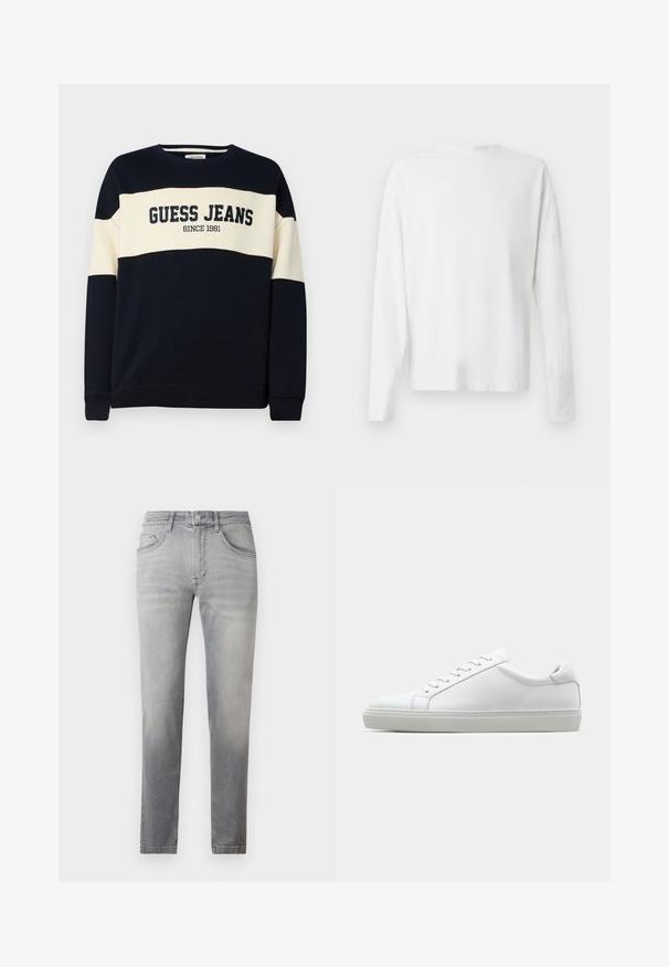 Marinegenser med beige horisontale striper, har teksten "GUESS JEANS" og detalj "SINCE 1981". Laget av mykt bomullsmateriale.; Langermet hvit bomullsskjorte med rund hals, sidespalter nederst og en jevn tekstur, vist fra baksiden.; Grå denimjeans med slim fit, med middels høy midje, fem lommer, og subtil fading gjennom hele. Klassisk søm langs sømmene.; Hvit sneakers med en glatt skinnoverdel og lav profil. Har en rund tå, seks snøring hull, og en teksturert gummisåle.