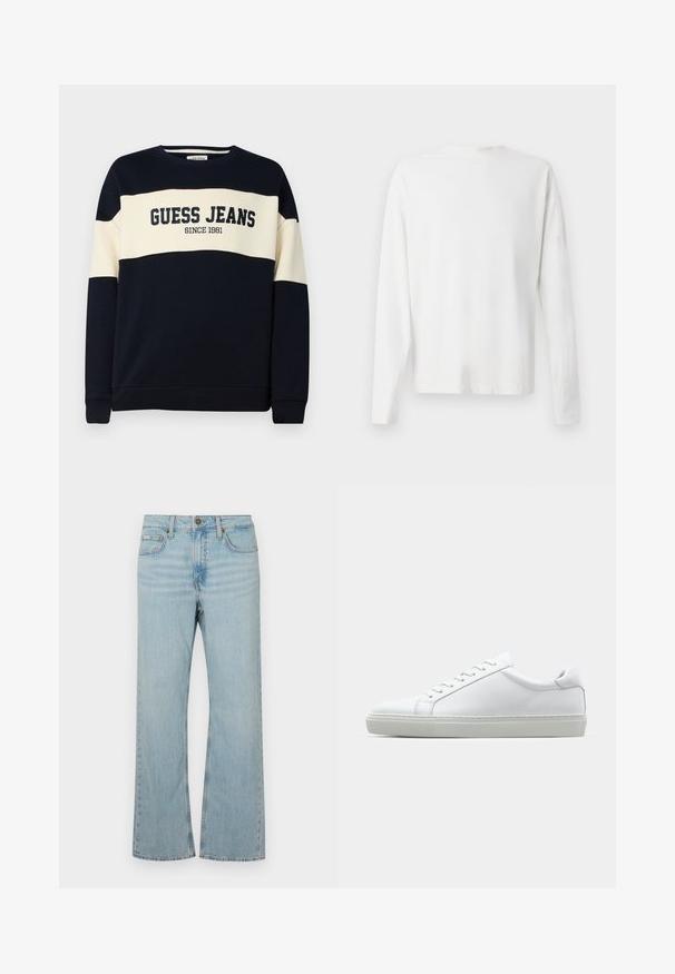 Marinegenser med beige horisontale striper, har teksten "GUESS JEANS" og detalj "SINCE 1981". Laget av mykt bomullsmateriale.; Langermet hvit bomullsskjorte med rund hals, sidespalter nederst og en jevn tekstur, vist fra baksiden.; Lys blå denim slengbukser med midjehøyde, fem lommer og kontrastsøm. Har glidelås og metallknapplukking.; Hvit sneakers med en glatt skinnoverdel og lav profil. Har en rund tå, seks snøring hull, og en teksturert gummisåle.