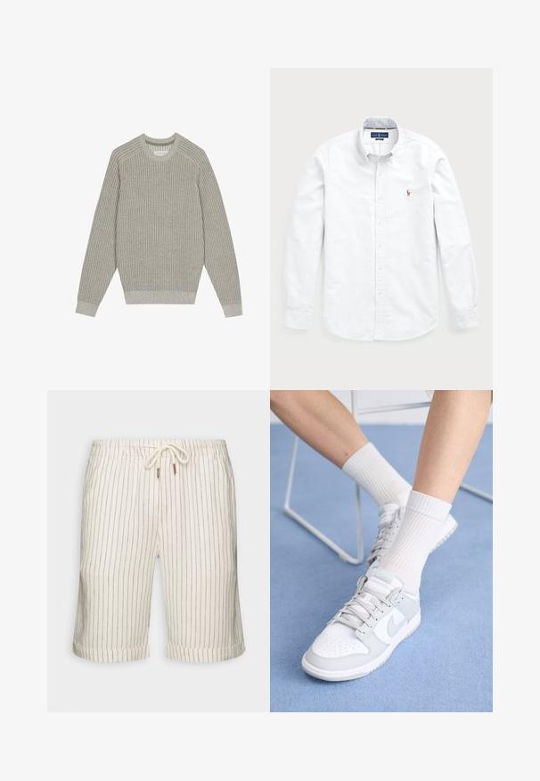 Hellgrauer Strickpullover mit gerippter Textur, Rundhalsausschnitt und langen Ärmeln. Einfaches Design, elastische Säume, minimale Details.; Weißes Langarm-Hemd aus Baumwolle mit Knopfleiste. Verfügt über einen klassischen Kragen, Knopfverschluss und ein kleines gesticktes Logo auf der Brust.; Leinenmischung-Shorts in hellem Beige mit subtilen vertikalen braunen Streifen. Ausgestattet mit einem elastischen Bund mit Kordelzug und umgeschlagenen Säumen.; Weiße Sneakers mit hellblauen Akzenten, Obermaterial aus Leder, perforierte Zehenpartie, dicke Schnürsenkel und gerippte weiße Socken vor einem blauen Hintergrund.