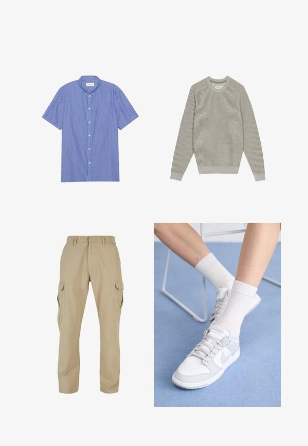 Pull en maille gris clair avec texture côtelée, col rond et manches longues. Design simple, ourlets élastiqués, détails minimalistes.; Chemise à manches courtes avec boutons, bleu et blanc à rayures verticales. Dotée d'un col pointu et d'une poche poitrine. Confectionnée en tissu léger.; Pantalons cargo beiges en toile de coton, dotés de plusieurs poches latérales, d'un design à jambes droites et d'une fermeture éclair avec passants de ceinture.; Baskets blanches avec des accents bleu clair, tige en cuir, bout perforé, lacets épais et chaussettes blanches côtelées sur fond bleu.