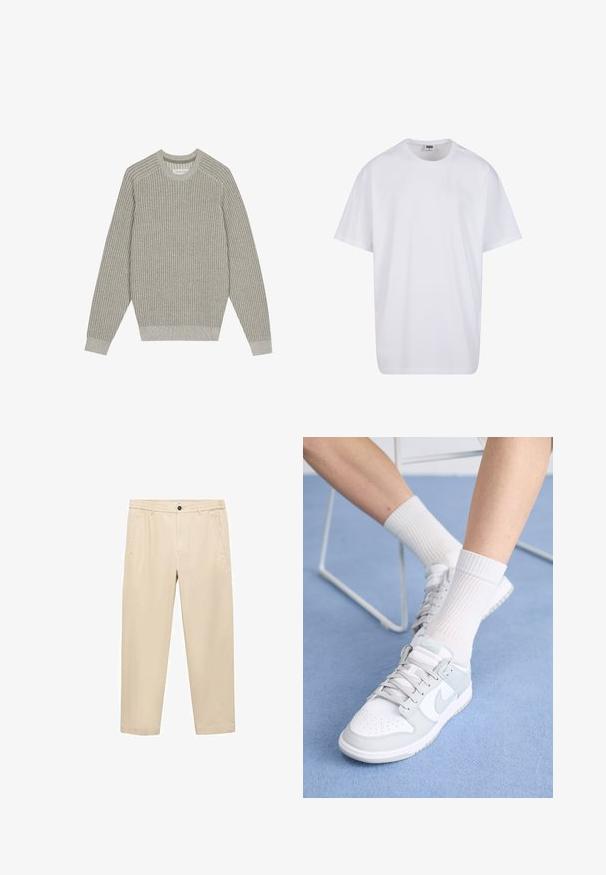 Jasnoszary sweter z dzianiny o prążkowanej strukturze, z okrągłym dekoltem i długimi rękawami. Prosty design, elastyczne wykończenia, minimalne detale.; Biała bawełniana koszulka z krótkimi rękawami, okrągłym dekoltem, luźnym krojem i bez widocznych logo lub wzorów. Gładka tekstura i minimalistyczny design.; Beżowe, casualowe spodnie wykonane z miękkiego materiału; mają elastyczny pas, kieszenie z przodu i prostą nogawkę.; Białe sneakersy z jasnoniebieskimi akcentami, skórzana cholewka, perforowany czubek, grube sznurowadła i żeberkowe białe skarpetki na niebieskim tle.
