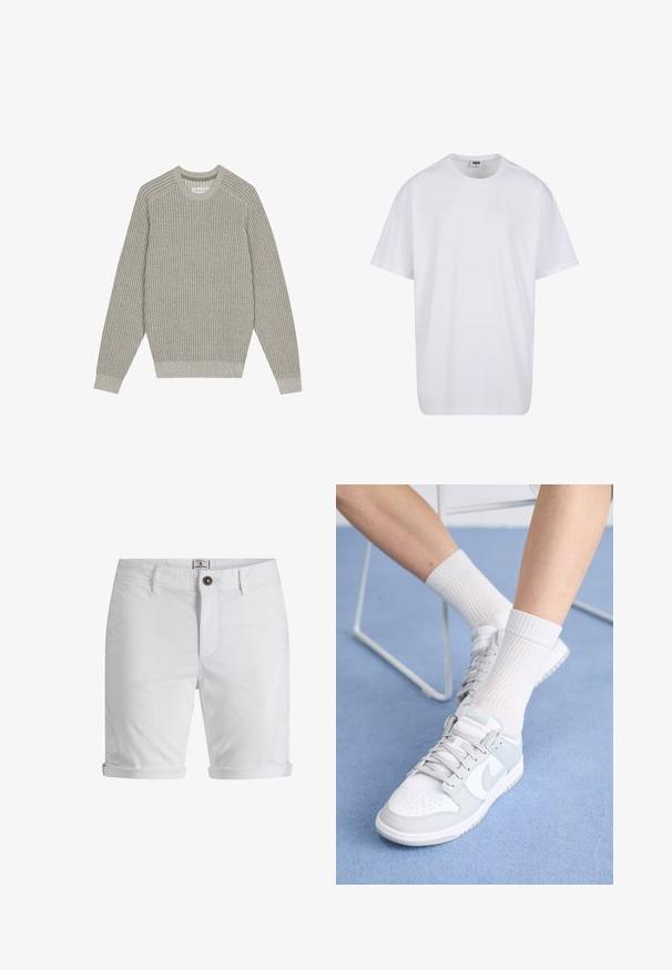 Suéter de punto gris claro con textura acanalada, cuello redondo y mangas largas. Diseño simple, costuras elásticas, detalles mínimos.; Camiseta blanca de algodón con mangas cortas, cuello redondo, corte relajado y sin logotipos ni patrones visibles. Textura suave y diseño minimalista.; Pantalones cortos de algodón blancos con dobladillo enrollado, con cierre de botón, bolsillos delanteros y una tela texturizada. Diseño de corte estándar.; Zapatillas blancas con acentos azul claro, parte superior de cuero, puntera perforada, cordones gruesos y calcetines blancos de canalé sobre un fondo azul.