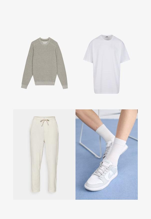 Šviesiai pilkas megztinis su išlyginta tekstūra, apvaliu kaklu ir ilgomis rankovėmis. Paprastas dizainas, elastingi kraštai, minimalus detalizavimas.; Balta medvilninė marškinėlių užsagėlė su trumpomis rankovėmis, apvaliu kaklu, laisva forma ir be matomų logotipų ar raštų. Lygi tekstūra ir minimalus dizainas.; Šviesiai bekonio spalvos, tekstūruoti medvilniniai kelnių su elastinga juosmens juosta ir raišteliu. Su šoninėmis kišenėmis ir siaurėjančiais kojomis.; Balti sportiniai batai su šviesiai mėlynomis detalėmis, odinė viršutinė dalis, perforuota pirštų dalis, storos raiščiai ir baltiesiems raišteliai prieš mėlyną foną.