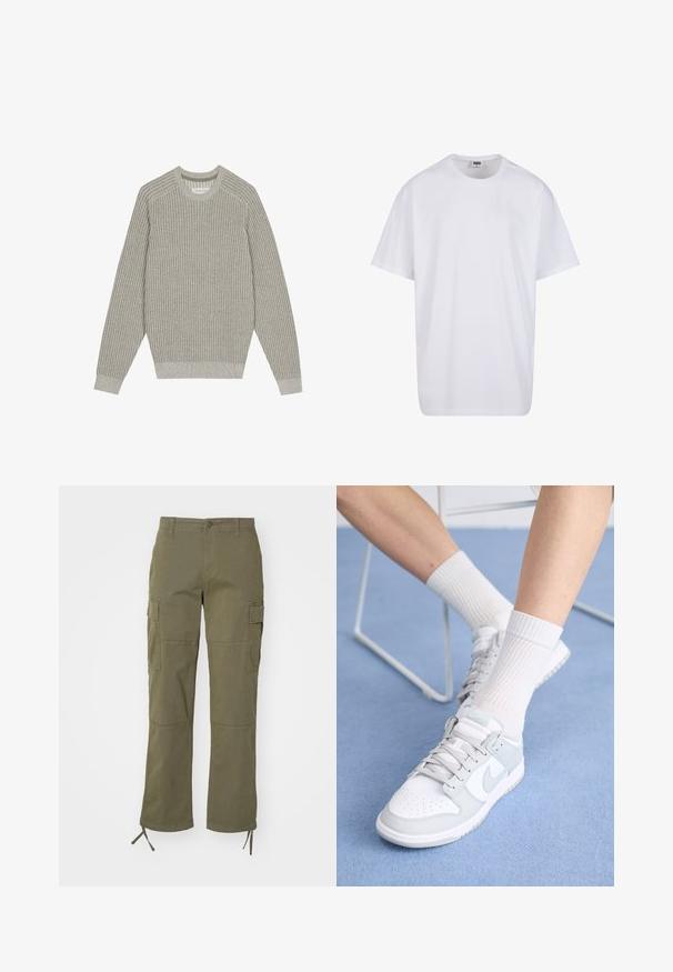 Jasnoszary sweter z dzianiny o prążkowanej strukturze, z okrągłym dekoltem i długimi rękawami. Prosty design, elastyczne wykończenia, minimalne detale.; Biała bawełniana koszulka z krótkimi rękawami, okrągłym dekoltem, luźnym krojem i bez widocznych logo lub wzorów. Gładka tekstura i minimalistyczny design.; Oliwkowe spodnie cargo o prostym kroju, z dwoma bocznymi kieszeniami i regulowanymi wiązaniami przy nogawkach. Wykonane z trwałego materiału.; Białe sneakersy z jasnoniebieskimi akcentami, skórzana cholewka, perforowany czubek, grube sznurowadła i żeberkowe białe skarpetki na niebieskim tle.