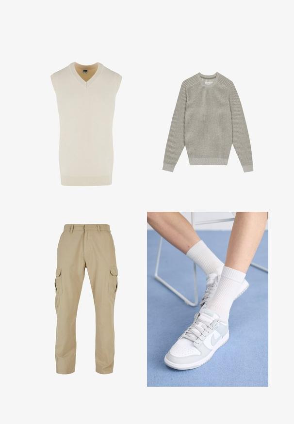 Gai pelēks adīts džemperis ar ribotām tekstūrām, apaļu kakla izgriezumu un garām piedurknēm. Vienkāršs dizains, elastīgas apakšmalas, minimāls noformējums.; Krems krāsas bezsleeve v-neka vars, izgatavots no mīkstas adītas auduma. Iezīmes ribots dekoltē un apakšmala, ar taisnās griezuma dizainu.; Beige kravas bikses, kas izgatavotas no kokvilnas twila, ar vairākiem sānu kabatām, taisnu kāju dizainu un rāvējslēdzēja jostiņu ar jostas cilpiņām.; Baltas apavums ar gaiši zilo akcentu, ādas virspusē, caurumiņiem purngalā, biezām auklām un ribotām baltām zeķēm uz zila fona.