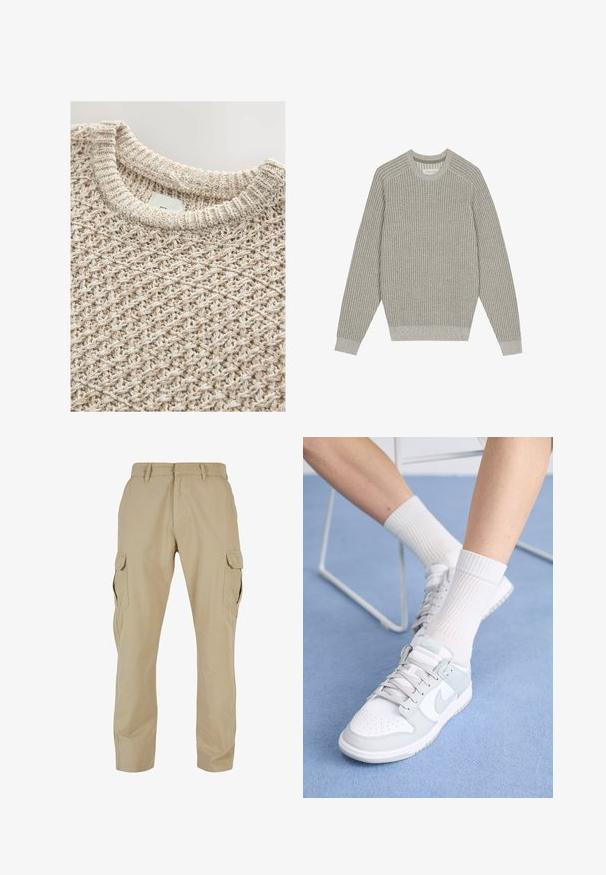 Jasnoszary sweter z dzianiny o prążkowanej strukturze, z okrągłym dekoltem i długimi rękawami. Prosty design, elastyczne wykończenia, minimalne detale.; Jasno beżowy sweter wykonany na drutach, z teksturowanym, tkanym wzorem i ściągaczem w okrągłym dekolcie. Mieszanka bawełny gwarantuje komfort i wentylację.; Beżowe spodnie cargo z bawełnianego tkanej tkaniny, z wieloma bocznymi kieszeniami, prostym krojem nogawki oraz zamkiem błyskawicznym i szlufkami na pasek.; Białe sneakersy z jasnoniebieskimi akcentami, skórzana cholewka, perforowany czubek, grube sznurowadła i żeberkowe białe skarpetki na niebieskim tle.