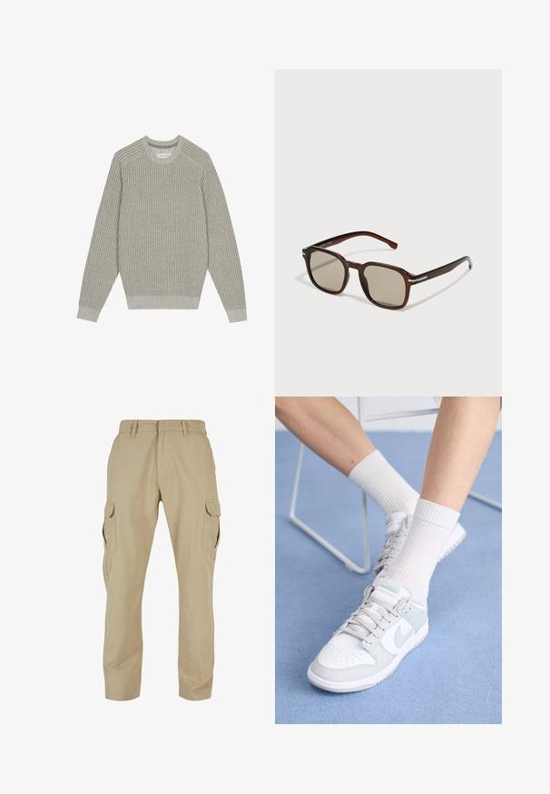Világosszürke kötött pulóver bordázott textúrával, kerek nyakkivágással és hosszú ujjakkal. Egyszerű dizájn, rugalmas szegélyek, minimális részletezés.; Bézs színű bélelt vászon cargo nadrág, amely több oldalsó zsebbel, egyenes szabással és cipzáras sliccel rendelkezik, övhurkokkal.; Fehér sportcipők világoskék részletekkel, bőr felsőrésszel, perforált orral, vastag fűzőkkel és bordázott fehér zoknikkal, kék háttér előtt.; Barna téglalap alakú napszemüveg, árnyékolt lencsékkel, műanyag kerettel és fém díszítésekkel az oldalakon. Elegáns kivitel és sima tapintás jellemzi.
