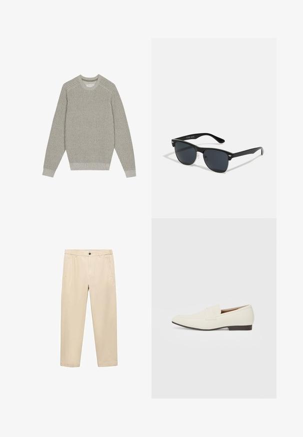 Vaaleanharmaa neulepaita, jossa on ribbikuviointi, pyöreä kaulus ja pitkät hihat. Yksinkertainen muotoilu, joustavat helmat, minimimekko.; Beige, rentokaitseessa valmistetut housut; niissä on joustava vyötärö, etutaskut ja suora lahje.; Vaaleanbeige loaferit, joissa on terävä kärki, sileä materiaali, nauha vampin yli ja matala ruskea pohja. Yksinkertainen muotoilu, jossa on minimaalista korostusta.; Mustat aurinkolasit, joilla on suorakulmainen muoto, tummat linssit, hopeiset yksityiskohdat temppeleissä ja matta pinta kehykset.