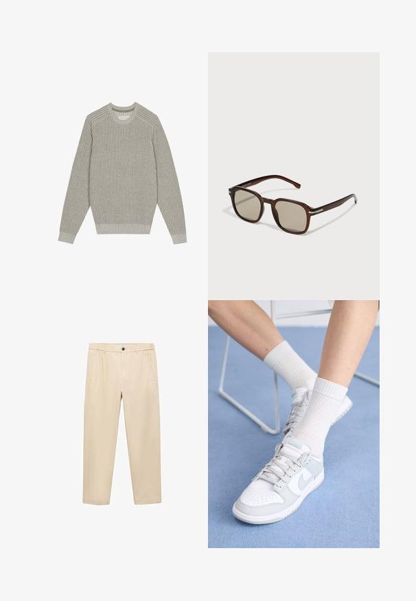 Ljust grått stickat tröja med ribbat mönster, rundad halsringning och långa ärmar. Enkel design, elastiska kantar, minimal detaljering.; Beige, avslappnade byxor i ett mjukt tyg; har en elastisk midja, framfickor och raka ben.; Vita sneakers med ljusblå detaljer, läderöverdel, perforerad tå, tjocka snörningar och ribbade vita strumpor mot en blå bakgrund.; Bruna rektangulära solglasögon med tonade linser, plastram och metalldetaljer på sidorna. Har en slank design och mjuk textur.