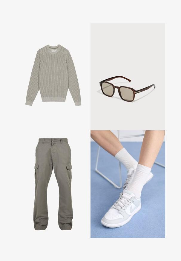 Világosszürke kötött pulóver bordázott textúrával, kerek nyakkivágással és hosszú ujjakkal. Egyszerű dizájn, rugalmas szegélyek, minimális részletezés.; Világosszürke anyagú cargo nadrág, egyenes szárú dizájnnal, több oldalsó zsebbel és gombos záródással a biztos illeszkedés érdekében.; Fehér sportcipők világoskék részletekkel, bőr felsőrésszel, perforált orral, vastag fűzőkkel és bordázott fehér zoknikkal, kék háttér előtt.; Barna téglalap alakú napszemüveg, árnyékolt lencsékkel, műanyag kerettel és fém díszítésekkel az oldalakon. Elegáns kivitel és sima tapintás jellemzi.