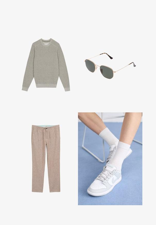 Gai pelēks adīts džemperis ar ribotām tekstūrām, apaļu kakla izgriezumu un garām piedurknēm. Vienkāršs dizains, elastīgas apakšmalas, minimāls noformējums.; Gaiši brūni, mīksta auduma bikses ar brīvu piegriezumu, kurām ir elastīga josta un šnīre, lai nodrošinātu pielāgojamu komfortu.; Baltas apavums ar gaiši zilo akcentu, ādas virspusē, caurumiņiem purngalā, biezām auklām un ribotām baltām zeķēm uz zila fona.; Zelta metāla rāmis saulesbrilles ar tumši zaļiem stikliem, aviator stils, ar šaurām kājām un bruņu akcentiem uz galiem.