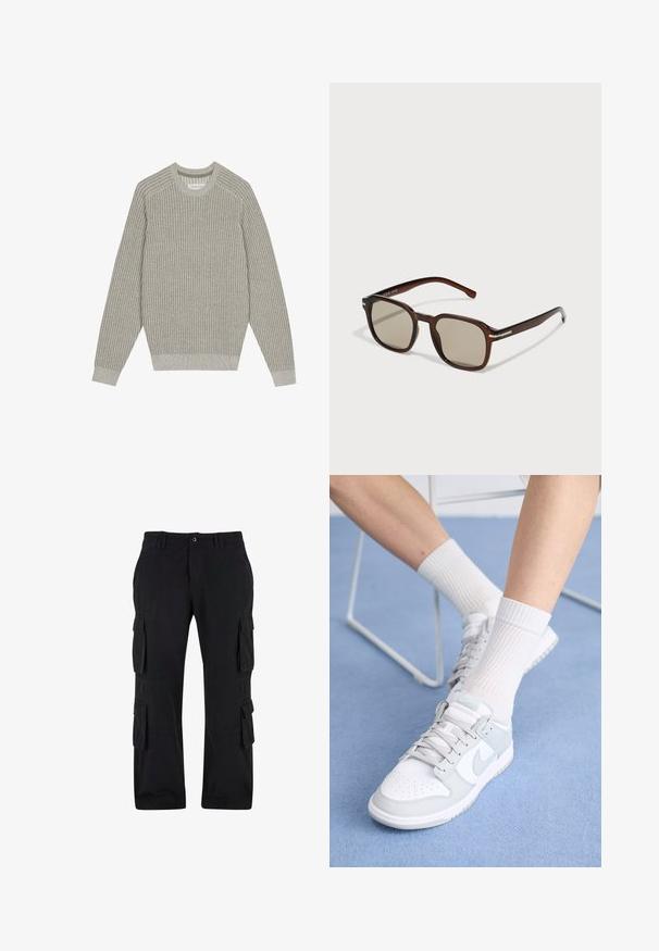 Šviesiai pilkas megztinis su išlyginta tekstūra, apvaliu kaklu ir ilgomis rankovėmis. Paprastas dizainas, elastingi kraštai, minimalus detalizavimas.; Juodi krovinių kelnės, pagamintos iš medvilnės audinio, su keliais šoniniais kišenėmis, laisvu siluetu ir tiesiais kojų kirpimais.; Balti sportiniai batai su šviesiai mėlynomis detalėmis, odinė viršutinė dalis, perforuota pirštų dalis, storos raiščiai ir baltiesiems raišteliai prieš mėlyną foną.; Rudoni stačiakampiai saulės akiniai su tonuotais lęšiais, plastikinėmis rėmeliais ir metaliniais akcentais šonuose. Jiems būdingas elegantiškas dizainas ir lygus paviršius.