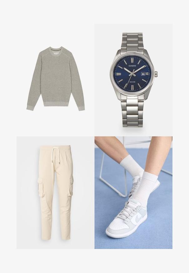 Hele halli kudumüts ribatekstuuriga, ümar kaelus ja pikad varrukad. Lihtne disain, elastsed äärised, minimaalne detailirohkuses.; Beezid kanga püksid elastse vöökoha ja paela külge. Omab kahte külgmist kanga taskut ja kitsenevat sääre disaini. Sujuv tekstuur.; Valged tennisetossud helesiniste detailidega, nahast ülemine osa, perforeeritud varvas, paksed lingid ja ribakujulised valged sokid sinise tausta vastu.; Hõbedane roostevabast terasest käekell, tumesinise lõpliku, metallsete tuntud numbrite ja kuupäevanäidikuga kell 3 juures. Veekindel kuni 50 meetrit.