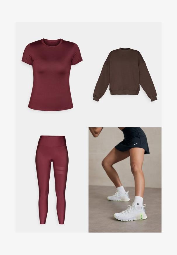 Barna pulóver, kerek nyakkal, esés vállú dizájnnal, bordás mandzsettákkal és szegéllyel, amelyen diszkrét márkajelzés található az elején. Puha tapintás.; Burgundi színű, rövid ujjú póló, kerek nyakkivágással, sima anyagból készült, testhezálló fazon, minimalista dizájn, minta vagy díszítés nélkül.; Burgundi hosszú leggings, magas derékkal, sima, rugalmas anyagból készült, oldalt vízszintes hálós csíkokkal.; Fehér sportcipők texturált felülettel, neon zöld részletekkel és hangsúlyos Nike logóval. Fehér bokazoknival viselve.