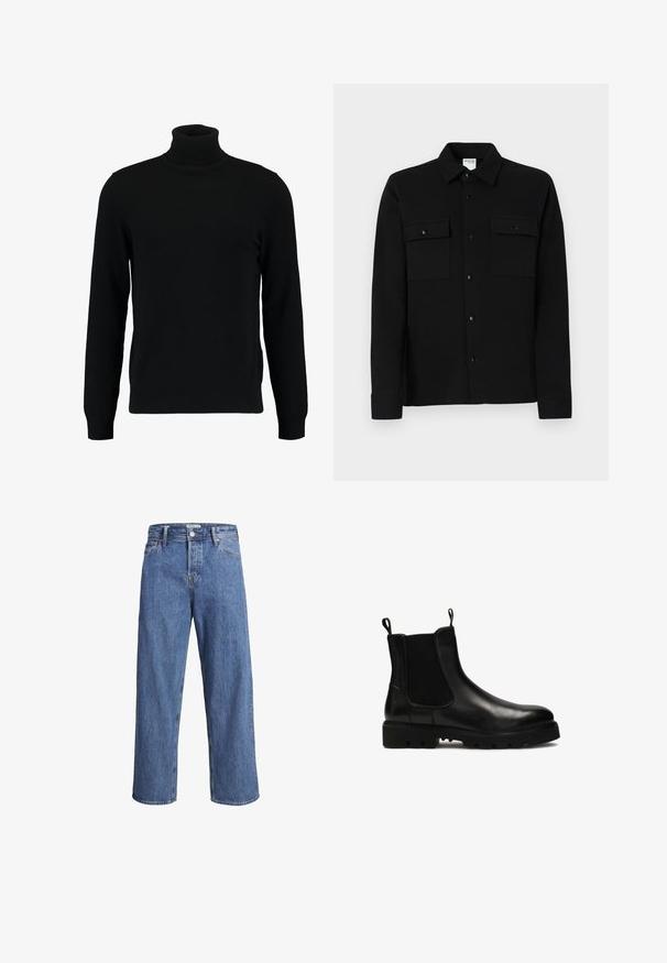 Melns augsti stāvošs džemperis, kas izgatavots no mīksta adījuma materiāla. Tam ir garas piedurknes, ribota apkakle un apakšmala. Vienkāršs, elegants dizains bez rakstiem.; Melna krekla ar pogām dizains, kas izgatavots no gludas auduma, ar divām krūšu kabatām, punktveida apkakli un pogāmiem apročiem. Vienkāršs dizains ar minimālām detaļām.; Gai zila denima bikses ar taisnu kāju dizainu, augstu jostasvietu un minimālu šuvju detaļu. Audumam ir mīksta, nedaudz izbalējusi tekstūra.; Melnas ādas Čelsijas zābaki ar elastīgām sānu malām, cilpām un masīvu gumijas zoli ar izteiktiem protektoru rakstiem.