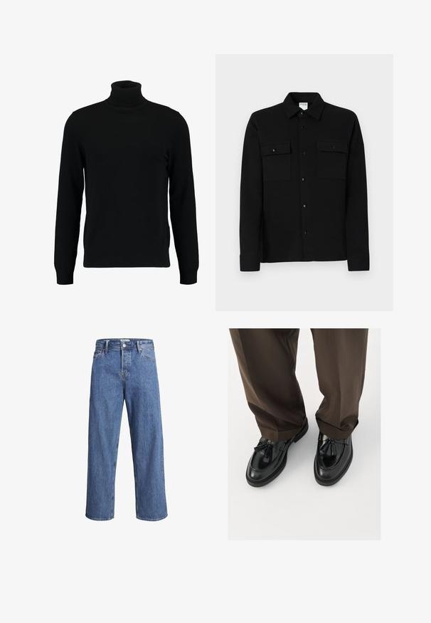 Černý rolák vyrobený z měkkého pleteného materiálu. Má dlouhé rukávy, žebrovaný límec a lem. Jednoduchý, elegantní design bez vzorů.; Černá košile na knoflíky z hladkého materiálu, se dvěma náprsními kapsami, límcem s špičkami a manžetami na knoflíky. Jednoduchý design s minimálními detaily.; Světle modré džíny z denimu s rovnými nohavicemi, vysokým pasem a minimem švů. Látka má jemnou, lehce vybledlou strukturu.; Černé kožené mokasíny s kulatou špičkou, ozdobnými třásněmi a texturovaným prošíváním, v kombinaci s hnědými, mírně volnými kalhotami.