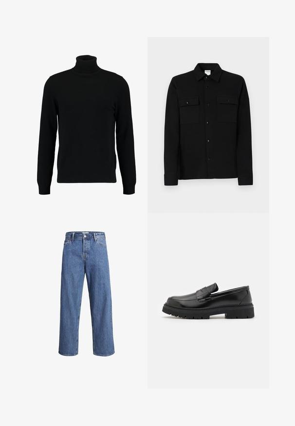 Černý rolák vyrobený z měkkého pleteného materiálu. Má dlouhé rukávy, žebrovaný límec a lem. Jednoduchý, elegantní design bez vzorů.; Černá košile na knoflíky z hladkého materiálu, se dvěma náprsními kapsami, límcem s špičkami a manžetami na knoflíky. Jednoduchý design s minimálními detaily.; Světle modré džíny z denimu s rovnými nohavicemi, vysokým pasem a minimem švů. Látka má jemnou, lehce vybledlou strukturu.; Černé kožené mokasíny s plochou, vroubkovanou podešví. Disponují prošívaným designem a stylem na nazouvání s dekorativním páskem přes přední část.