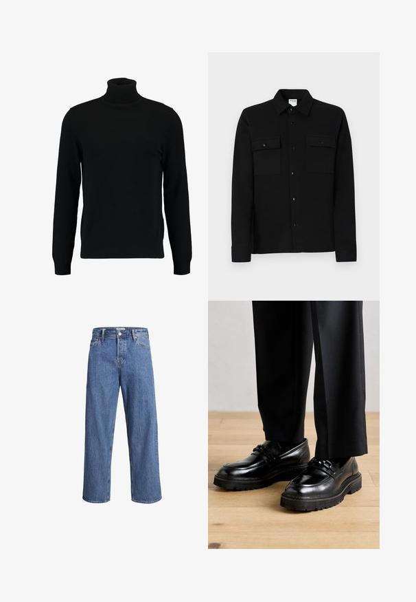 Černý rolák vyrobený z měkkého pleteného materiálu. Má dlouhé rukávy, žebrovaný límec a lem. Jednoduchý, elegantní design bez vzorů.; Černá košile na knoflíky z hladkého materiálu, se dvěma náprsními kapsami, límcem s špičkami a manžetami na knoflíky. Jednoduchý design s minimálními detaily.; Světle modré džíny z denimu s rovnými nohavicemi, vysokým pasem a minimem švů. Látka má jemnou, lehce vybledlou strukturu.; Černé kožené boty s hladkým povrchem, s širokou podešví a dekorativními křížovými pruhy přes nárt. Nošeny s upravenými černými kalhotami.