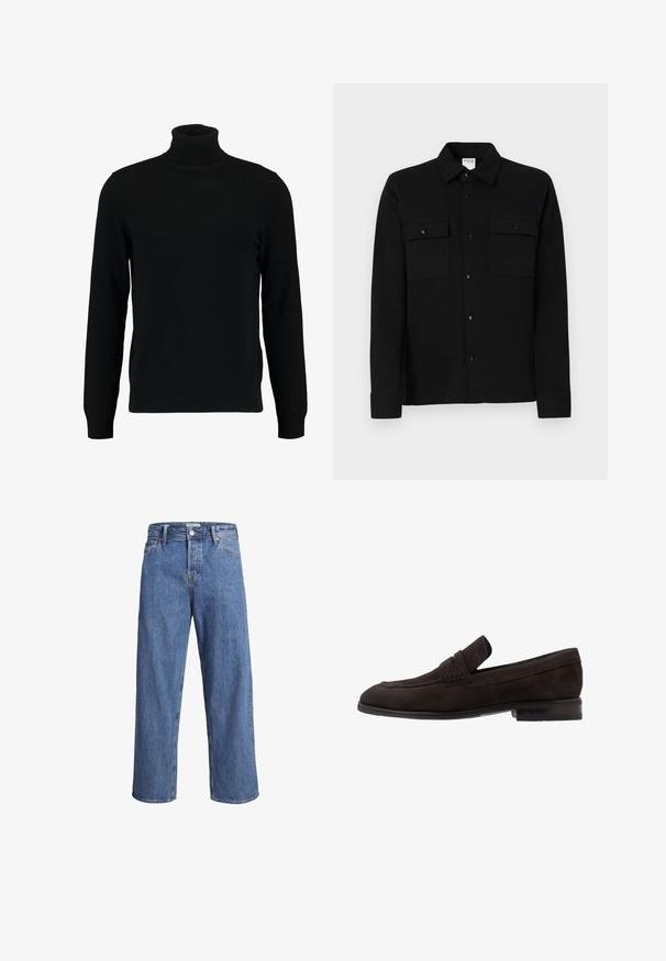Black turtleneck sweater made of a soft knit material. Features long sleeves, ribbed collar, and hem. Simple, sleek design without patterns.; Black button-up shirt made of smooth fabric, featuring two chest pockets, a point collar, and buttoned cuffs. Simple design with minimal detailing.; Light blue denim jeans with a straight-leg design, high waist, and minimal stitching details. The fabric has a soft, slightly faded texture.; Dark brown suede loafers with a flat sole, a stitched accent along the edge, and a small, raised band at the front.