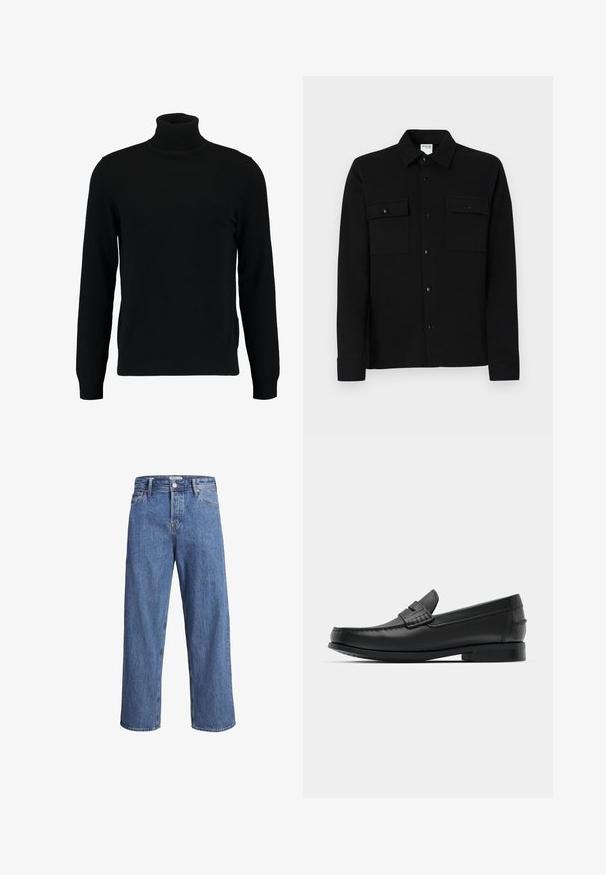 Maglione a collo alto nero realizzato in morbido materiale knit. Presenta maniche lunghe, colletto e orlo a costine. Design semplice e lineare senza motivi.; Camicia nera con bottoni, realizzata in tessuto liscio, dotata di due tasche sul petto, colletto a punta e polsini con bottoni. Design semplice con dettagli minimi.; Jeans in denim blu chiaro con una vestibilità dritta, vita alta e dettagli di cucitura minimi. Il tessuto ha una texture morbida e leggermente sbiadita.; Mocassini in pelle nera con punta rotonda, cuciture dettagliate e tacco quadrato basso. Texture liscia e design minimalista.