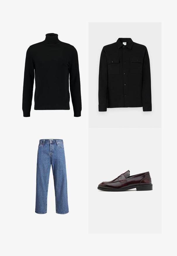 Black turtleneck sweater made of a soft knit material. Features long sleeves, ribbed collar, and hem. Simple, sleek design without patterns.; Black button-up shirt made of smooth fabric, featuring two chest pockets, a point collar, and buttoned cuffs. Simple design with minimal detailing.; Light blue denim jeans with a straight-leg design, high waist, and minimal stitching details. The fabric has a soft, slightly faded texture.; Burgundy leather loafers with a smooth finish, rectangular front accent, and a rounded toe, featuring a black rubber sole.