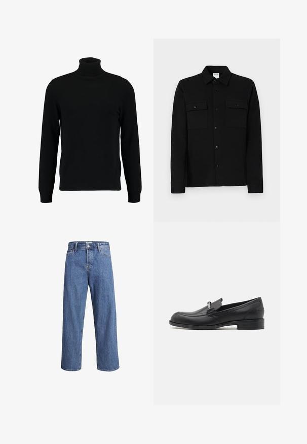 Mustat poolokauluspusero, joka on valmistettu pehmeästä neulomateriaalista. Siinä on pitkät hihat, ribbireunus kauluksessa ja helmassa. Yksinkertainen, tyylikäs muotoilu ilman kuvioita.; Musta nappikauluspaita, joka on valmistettu sileästä kankaasta. Paidassa on kaksi rintataskua, pistekaulus ja napitetut hihansuut. Yksinkertainen muotoilu, jossa on vähäiset yksityiskohdat.; Vaaleansiniset farkut, joissa on suora lahje, korkea vyötärö ja minimaliset ompeluyksityiskohdat. Kangas on pehmeä ja hieman haalistunut.; BOSS TAYIL - Puvunkengät - black