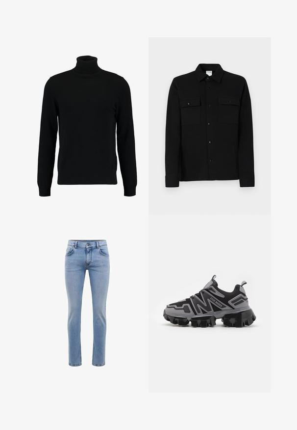 Un pull à col roulé noir en matière tricotée douce. Il possède des manches longues, un col et un ourlet côtelés. Son design est simple et épuré, sans motifs.; Chemise noire à boutons, fabriquée dans un tissu lisse, dotée de deux poches poitrine, d'un col pointe et de poignets à boutons. Design simple avec un minimum de détails.; Jeans en denim bleu clair avec une coupe slim, cinq poches et une coupe droite. Présente une fermeture éclair et des passants de ceinture. Texture douce.; Steve Madden PRIVE - Baskets basses - light grey