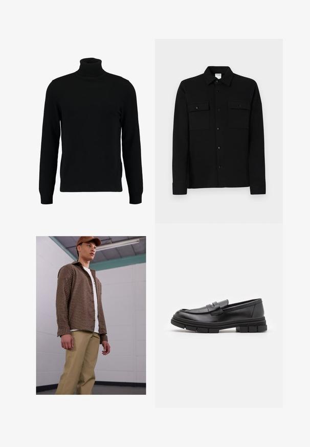 Zwarte coltrui gemaakt van een zacht breimateriaal. Heeft lange mouwen, een geribbelde kraag en zoom. Eenvoudig, strak ontwerp zonder patronen.; Zwarte button-up skjorte gemaakt van een gladde stof, met twee borstzakken, een puntkraag en knoopmanchetten. Eenvoudig ontwerp met minimale detailing.; Bruine geruite overhemd met lange mouwen, gecombineerd met beige broek, gedragen over een wit T-shirt. Model staat in een eenvoudige binnenomgeving.; Zwarte leren instappers met een gladde afwerking, voorzien van een voorste banddetail en een stevige rubberen zool met gegroefde accenten.