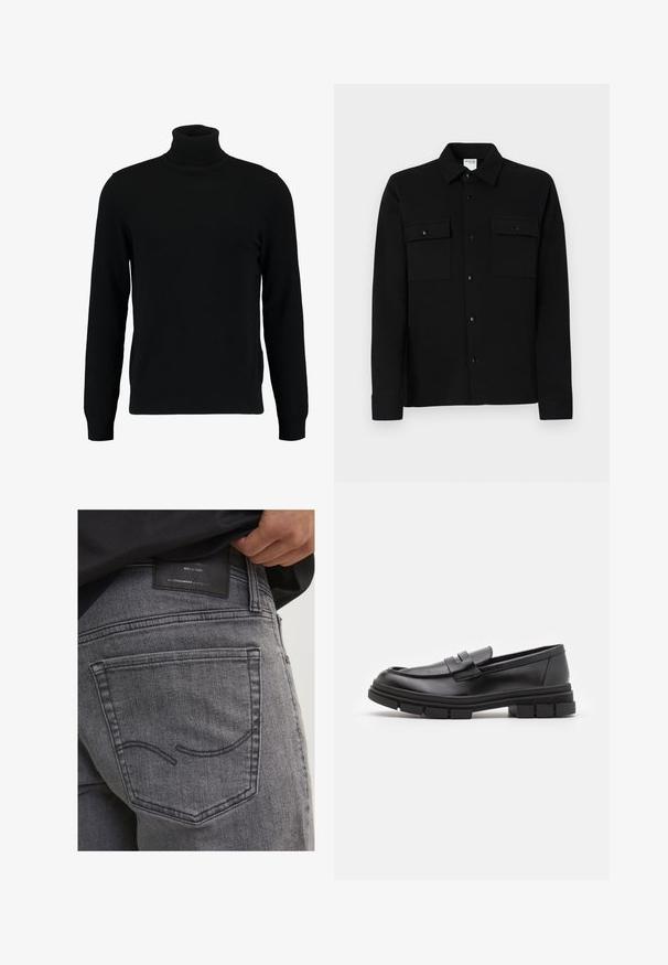 Czarny sweter z golfem, wykonany z miękkiego, dzianinowego materiału. Posiada długie rękawy, prążkowany kołnierz i dół. Prosty, elegancki design bez wzorów.; Czarna koszula zapinana na guziki z gładkiego materiału, posiadająca dwie kieszenie na piersi, kołnierzyk z ostrym końcem oraz mankiety zapinane na guziki. Prosty design z minimalnymi detalami.; Szare dżinsy z denimu z tylną kieszenią z zaokrąglonym przeszyciem oraz czarną skórzaną metką zawierającą informacje o marce i szczegóły dotyczące rzemiosła.; Czarne skórzane mokasyny o gładkim wykończeniu, z paskiem na przodzie i masywną gumową podeszwą z rowkowaniem.