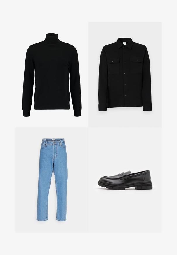 Jersey de cuello alto negro hecho de un material de punto suave. Cuenta con mangas largas, collar y dobladillo acanalados. Diseño simple y elegante sin patrones.; Camisa negra con botones, hecha de una tela suave, que presenta dos bolsillos en el pecho, un cuello tipo punta y puños abotonados. Diseño simple con un mínimo de detalles.; Jeans rectos de tiro alto en azul claro con botón frontal, cierre de cremallera, pasadores para cinturón y diseño de cinco bolsillos sobre fondo blanco.; Mocasines de piel negra con un acabado suave, que presentan un detalle de correa en la parte delantera y una suela de goma gruesa con acentos acanalados.