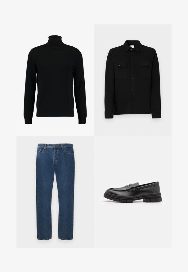 Fekete garbó pulóver puha kötött anyagból készült. Hosszú ujjaival, bordázott gallérral és szegéllyel rendelkezik. Egyszerű, letisztult dizájn, minták nélkül.; Fekete, sima anyagból készült gombos ing, két mellzsebbel, hegyes gallérral és gombos mandzsettával. Egyszerű dizájn, minimális részletezéssel.; Sötétkék farmernadrág egyenes szárú fazonnal, öt zsebbel és gombos záródással. Az anyagon látható a textúra és enyhe kopás.; Fekete bőr loaferek sima felülettel, elülső pánt részlettel és vastag, bordázott gumitalpakkal.