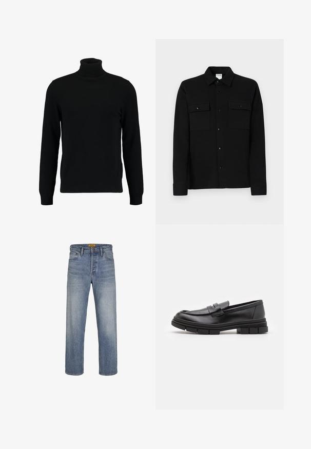 Čierny rolák vyrobený z mäkkého pleteného materiálu. Má dlhé rukávy, rebrovaný golier a lem. Jednoduchý, elegantný dizajn bez vzorov.; Čierna košeľa na gombíky vyrobená z hladkej tkaniny, so štyrmi náprsníkmi, bodovým golierom a gombíkovými manžetami. Jednoduchý dizajn s minimálnym zdobením.; Svetlomodré rovné džínsy vyrobené z denimu, s vyblednutým umývaním, dizajnom s piatimi vreckami, pútkami na opasok a zapínaním na zips s gombíkovým uzáverom.; Čierne kožené poltopánky s hladkým povrchom, s predným remienkom a robustnou gumovou podrážkou s drážkovanými akcentmi.