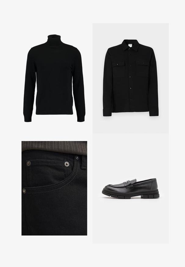 Čierny rolák vyrobený z mäkkého pleteného materiálu. Má dlhé rukávy, rebrovaný golier a lem. Jednoduchý, elegantný dizajn bez vzorov.; Čierna košeľa na gombíky vyrobená z hladkej tkaniny, so štyrmi náprsníkmi, bodovým golierom a gombíkovými manžetami. Jednoduchý dizajn s minimálnym zdobením.; Čierne džínsy z denimu so slim fit strihom a hladkou textúrou. Obsahujú strieborné kovanie, nitovanie a kontrastné švy pri vreckách.; Čierne kožené poltopánky s hladkým povrchom, s predným remienkom a robustnou gumovou podrážkou s drážkovanými akcentmi.