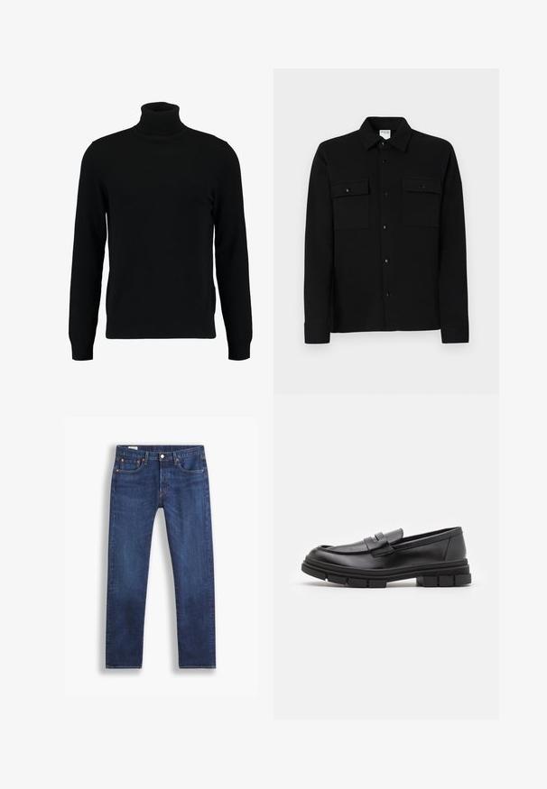 Černý rolák vyrobený z měkkého pleteného materiálu. Má dlouhé rukávy, žebrovaný límec a lem. Jednoduchý, elegantní design bez vzorů.; Černá košile na knoflíky z hladkého materiálu, se dvěma náprsními kapsami, límcem s špičkami a manžetami na knoflíky. Jednoduchý design s minimálními detaily.; Tmavě modré jeansy rovného střihu s klasickým pětinásobným stylovým uspořádáním a zapínáním na knoflík, zobrazené na bílém pozadí.; Černé kožené mokasíny s hladkým povrchem, se zapínáním vpředu a masivní gumovou podrážkou se vroubkovanými detaily.