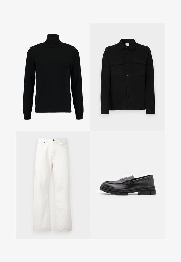 Mustat poolokauluspusero, joka on valmistettu pehmeästä neulomateriaalista. Siinä on pitkät hihat, ribbireunus kauluksessa ja helmassa. Yksinkertainen, tyylikäs muotoilu ilman kuvioita.; Musta nappikauluspaita, joka on valmistettu sileästä kankaasta. Paidassa on kaksi rintataskua, pistekaulus ja napitetut hihansuut. Yksinkertainen muotoilu, jossa on vähäiset yksityiskohdat.; Valkoiset levenevät farkut denimkankaasta, joissa on normaali vyötärö, etutaskut ja nappikiinnitys. Kankaan pinta on tekstuuri ja puhdas viimeistely.; Mustat nahkaa olevat loaferit, joissa on sileä pinta, varustettuna edessä olevalla hihnalla ja paksulla kumipohjalla, jossa on uritettua muotoilua.