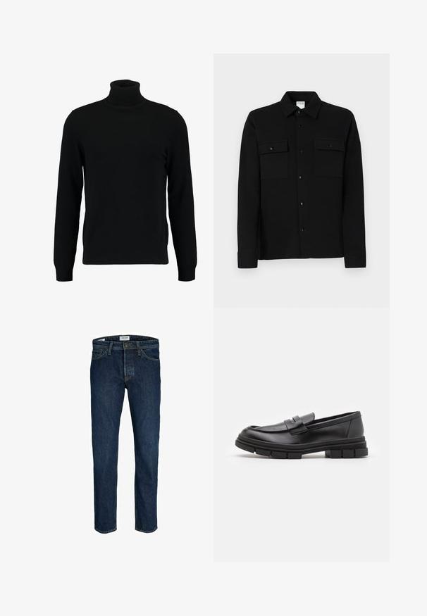 Musta kõrge kaelusega kampsun, mis on valmistatud pehmest kudumist materjalist. Omab pikki varrukaid, soonikpitsiga kaela- ja alumist äärt. Lihtne ja sujuv disain ilma mustriteta.; Must musta särk, mis on valmistatud siledast kangast, kahe rinna tasku, krae ja nööpidega mansettidega. Lihtne disain väheste detailidega.; Tumedat sinised denim-püksid otse lõikega, klassikalise viie tasku stiiliga ja nähtava metallnupuga vöös.; Mustad musta naha sussid sujuva viimistlusega, esiosal rihmaga detail ning paksu kummitaldaga, mis on kaunistatud soontega.