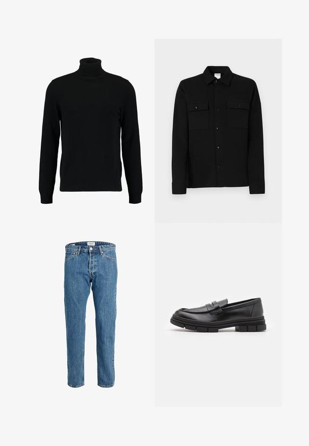 Zwarte coltrui gemaakt van een zacht breimateriaal. Heeft lange mouwen, een geribbelde kraag en zoom. Eenvoudig, strak ontwerp zonder patronen.; Zwarte button-up skjorte gemaakt van een gladde stof, met twee borstzakken, een puntkraag en knoopmanchetten. Eenvoudig ontwerp met minimale detailing.; Lichtblauwe denim jeans met een recht gesneden pijp, voorzien van zijzakken en contrasterende stiksels. De tailleband heeft een knoopsluiting.; Zwarte leren instappers met een gladde afwerking, voorzien van een voorste banddetail en een stevige rubberen zool met gegroefde accenten.