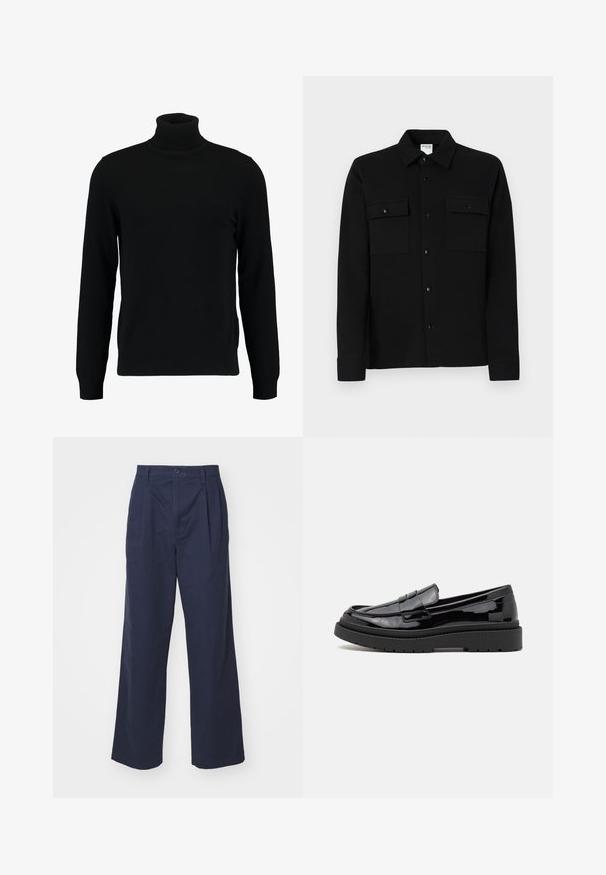 Melns augsti stāvošs džemperis, kas izgatavots no mīksta adījuma materiāla. Tam ir garas piedurknes, ribota apkakle un apakšmala. Vienkāršs, elegants dizains bez rakstiem.; Melna krekla ar pogām dizains, kas izgatavots no gludas auduma, ar divām krūšu kabatām, punktveida apkakli un pogāmiem apročiem. Vienkāršs dizains ar minimālām detaļām.; DOCKERS ORIGINAL LOOSE PLEATED - Auduma bikses - navy blazer; Melnas lakota ādas loafers ar noapaļotu purngalu, dekoratīvu siksniņu un biezu melnu gumijas zoli. Gluda spīdīga tekstūra ar minimālu šuvumu.