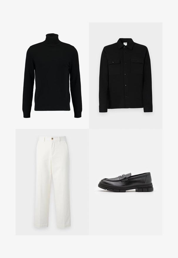 Black turtleneck sweater made of a soft knit material. Features long sleeves, ribbed collar, and hem. Simple, sleek design without patterns.; Black button-up shirt made of smooth fabric, featuring two chest pockets, a point collar, and buttoned cuffs. Simple design with minimal detailing.; White tailored pants made of cotton, featuring a straight leg design, front pockets, and a button closure at the waist. Smooth texture.; Black leather loafers with a smooth finish, featuring a front strap detail and a chunky rubber sole with grooved accents.
